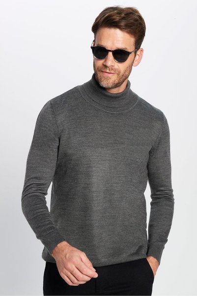 Men's Slim Fit Slim Fit Soft Texture Non-Pilling Gray Full Turtleneck Knitwear Sweater