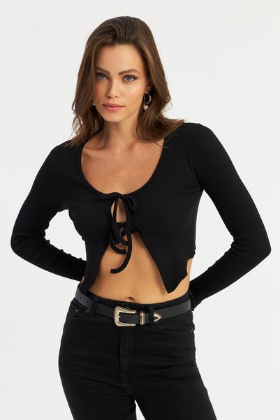 Women's Black Tie Front Camisole Crop Blouse Ayd381