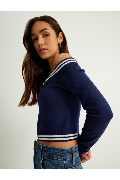 Sequin Sequin Detailed Long Sleeve Off-The-Shoulder Knitwear Sweater