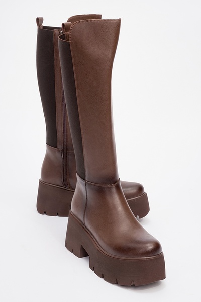 SOLO Coffee Brown Leather Women's Platform Heel Boots with Elastic Waistband