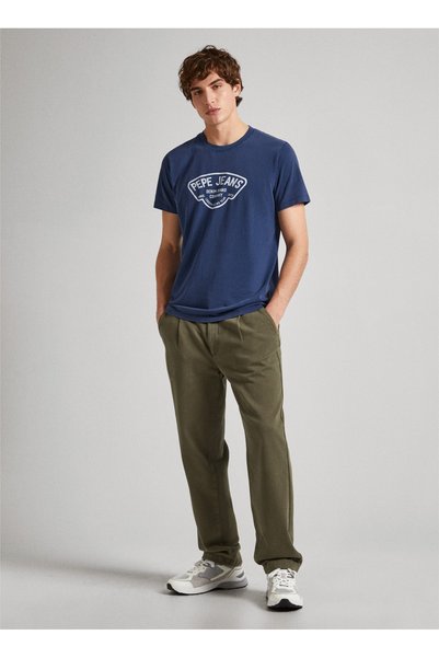Crew Neck Printed Navy Blue Men's T-Shirt Pm509381 594 Cherry