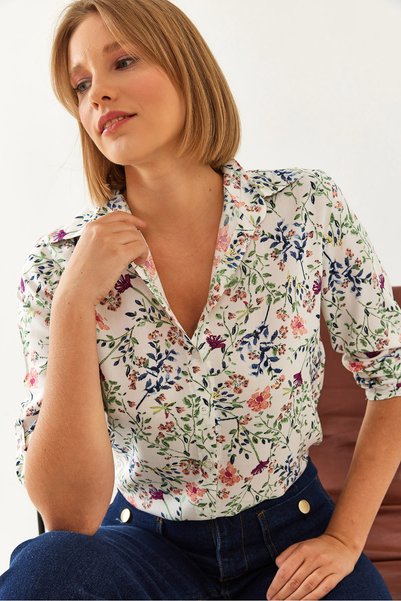 Women's Beige Pink Sleeve Folded Floral Patterned Shirt 60101028