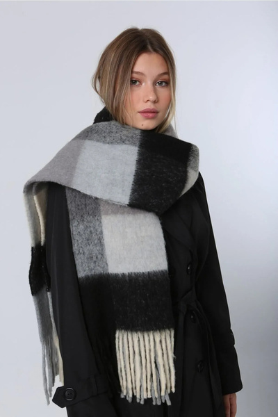 Tassel Patterned Boucle Scarf Shawl 45X200 cm 1270 Black