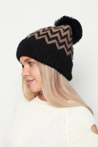 Zigzag patterned women's beanie rkş-19 black brown