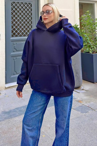 Navy Blue Stay Hooded Kangaroo Pocket Fleece-Lined Oversize Women's Sweatshirt