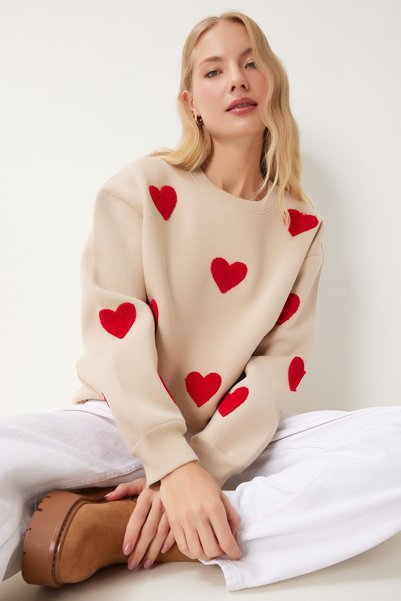 Women's Biscuit Heart Textured Ribbed Knitted Sweatshirt Mp00030