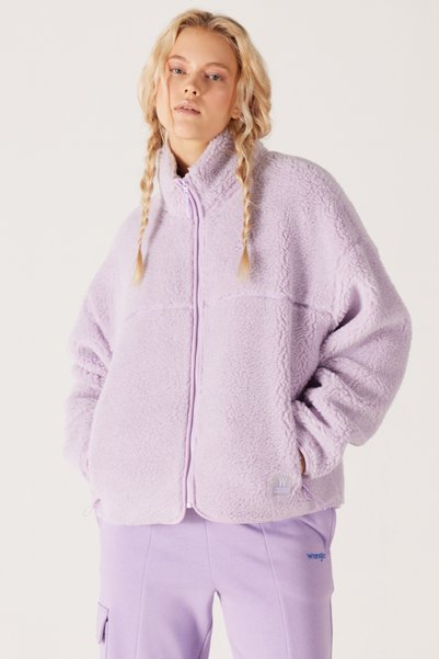 Oversize Loose Cut Stand Collar Zippered Faux Wool Women's Lilac Sherpa Jacket
