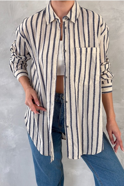 Women's Striped Single Pocket Loose 25% Linen 75% Cotton Oversize Shirt (Buy 1 Size Small)