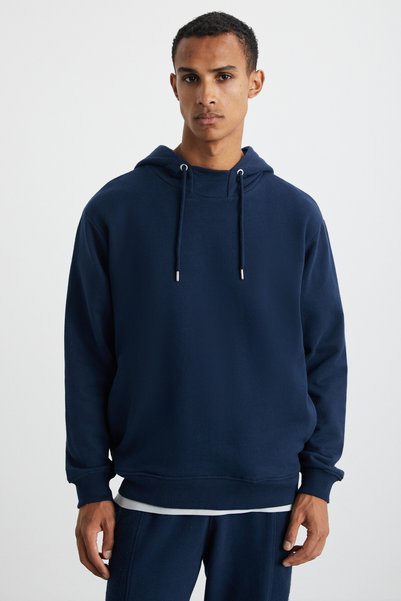Alessıo Men's 100% Cotton Hooded Cord Detailed Oversize Fit Navy Blue Sweatshirt