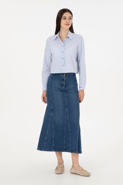 Women's Blue Maxi Length Jean Skirt 50291112-Dn0022