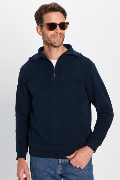 Unisex Relax Fit Comfortable Cut Ribbed Patterned Cotton Half-Zip Indigo Stand Collar Sweatshirt