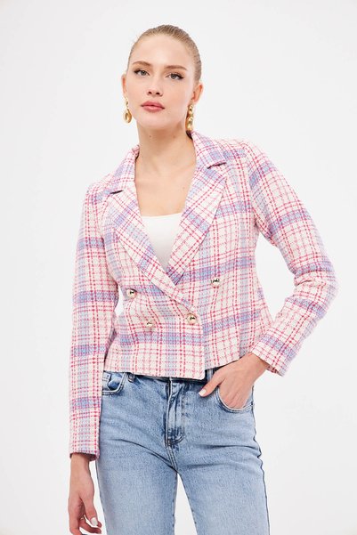 Women's Light Pink Double Breasted Collar Tweed Crop Jacket ARM-24K001014