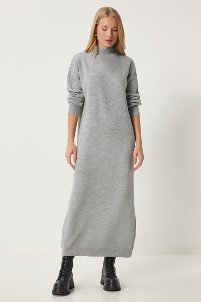 Women's Gray Melange Turtleneck Long Knitwear Dress Dd01344