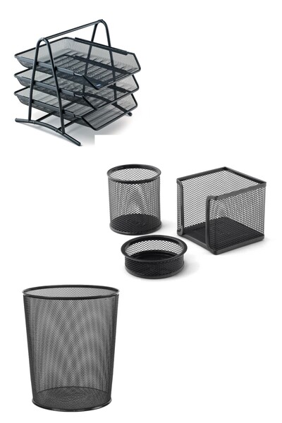 Metal Office Set Black (3' Piece Rack, Pen Holder, Clip Holder, Cube Block, Bin)
