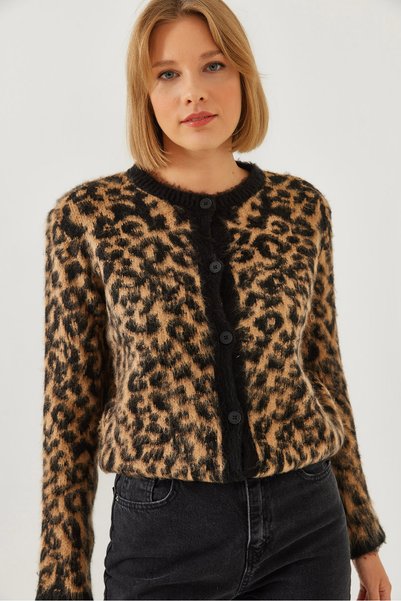 Women's Black Camel Leopard Patterned Shawl Cardigan 241070 60251938