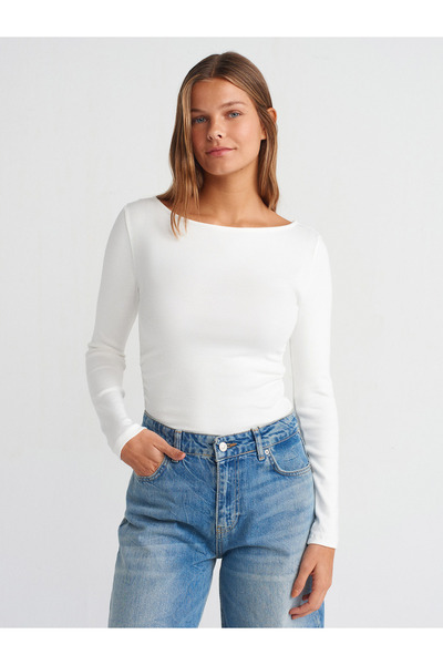 31401 Gathered Boat Neck Top-Ecru