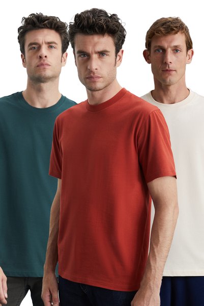 Cultıvated Men's 3-Piece Thick Textured Regular 100% Organic Cotton Vnly/Green/Krmt T-Shirt