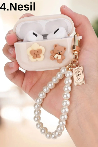 4. Generation Compatible 2024 Headphone Case with Pearl Strap and Bow Tie Bear