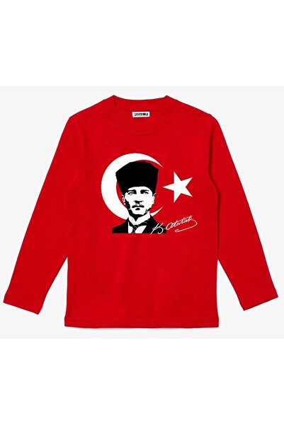 Детска црвена памучна маица со долги ракави, со принт на Atatürk и потпис за 23 Април, Ден на национален суверенитет и деца