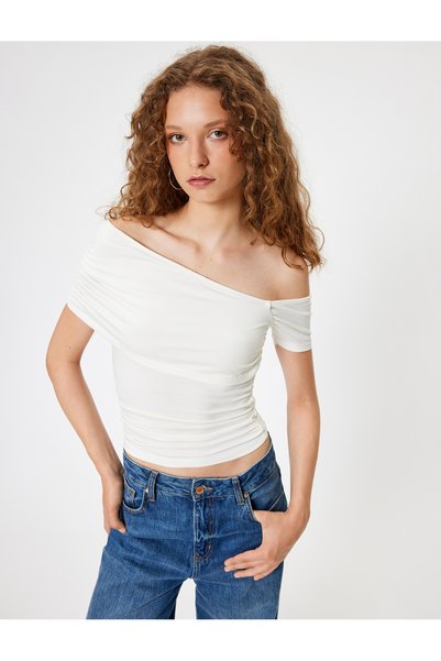 Boat neck bodysuit with drape detail slim fit short sleeve