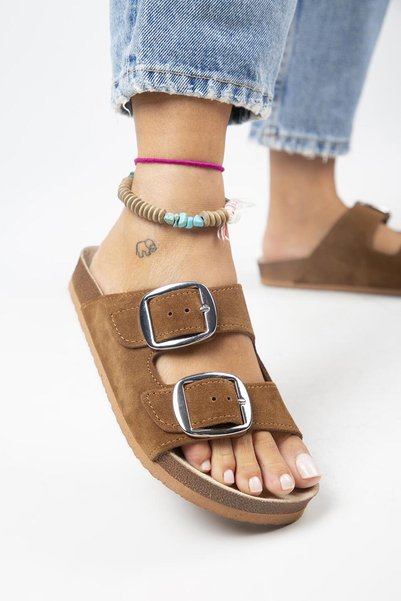 Irene Eva Genuine Leather Women's Tan - Silver Buckle Double Buckle