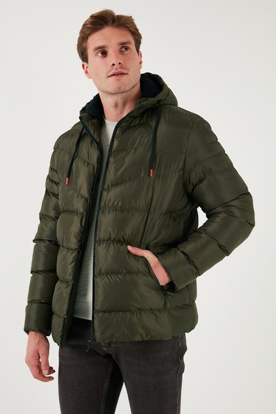 Plush Lined Hooded Zippered Slim Fit Puffer Coat Men's Coat 5762010