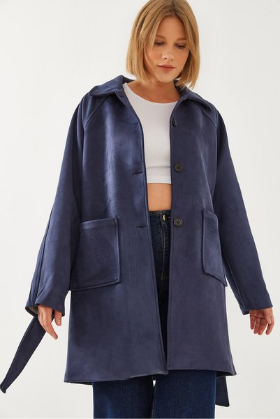 Women's Navy Blue Striped Lining Detail Belted Suede Trench Coat 2601 60351118