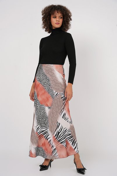 Women's Patterned Satin Skirt 15877 - Orange