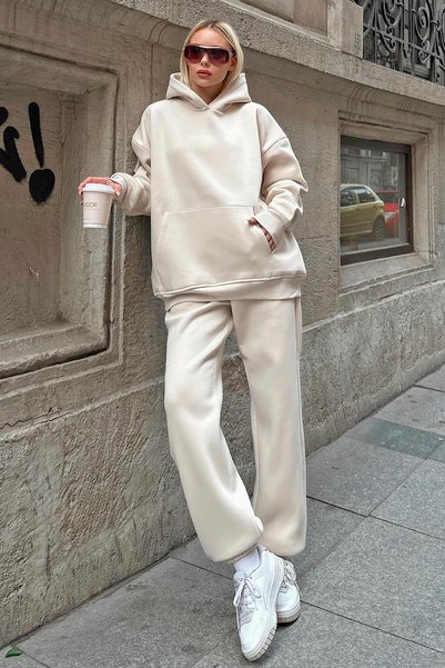 Beige Felpa Hooded Sweatshirt-Sweatpants with Ribbon Inside Women's Tracksuit Set