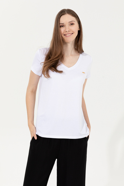 Women's White V-Neck Basic T-Shirt 50246033 -Vr013