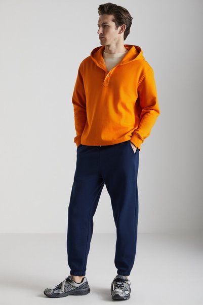 Karlo Men's Cotton Hooded Collar Buttoned Orange Sweatshirt