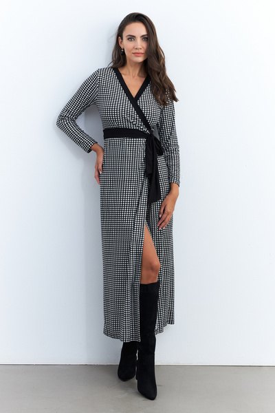 Women's Black-Ecru Double Breasted Houndstooth Maxi Dress Ey2941