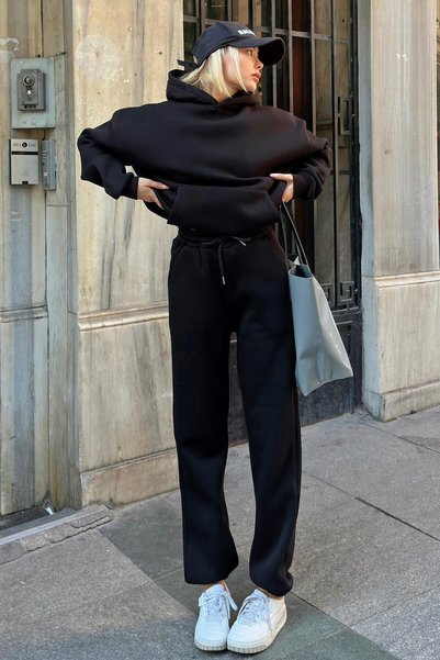 Black Felpa Hooded Sweatshirt-Sweatpants with Ribbon Inside Women's Tracksuit Set