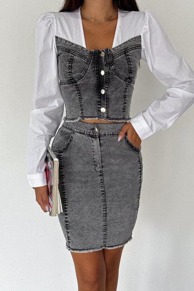 Anthracite Denim Skirt Denim Crop Shirt Bottom Top Two-Piece Set