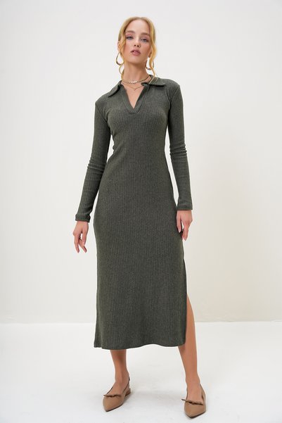 Women's Khaki Polo Neck Half Placket Side Slit Interlock Fabric Dress Alc-X13121