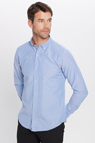 Машка кошула Slim Fit со долги ракави, јака со копчиња, пругаста, мека памучна текстура