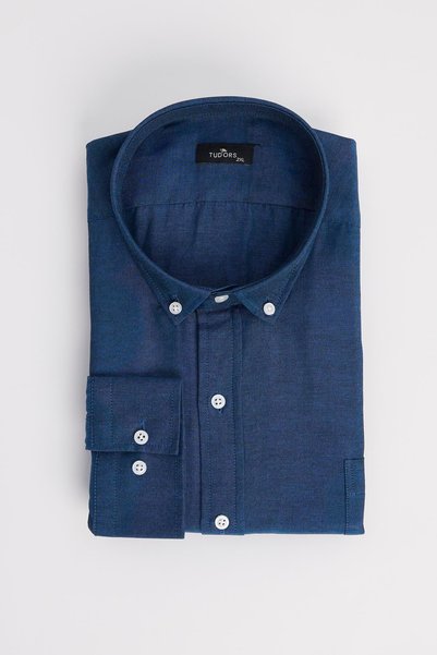 Men's Big Size Cotton Easy-Iron Navy Blue Button-Down Collar Shirt