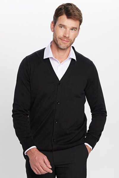 Машки тесен крој Slim Fit закопчан еднобоен памучен кардиган