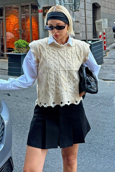 Beige Leaf Hair Knit Ripped Detail Women's Knitwear Sweater