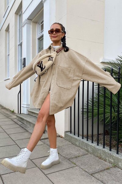 Mad Girls Beige Over Size Shirt Jacket Mg1281