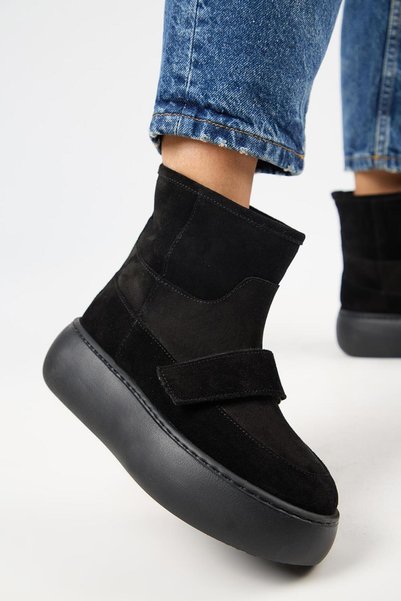 Ember Women's Genuine Leather Velcro Fur-Lined Black Boots