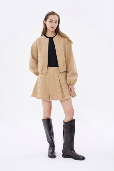 Thick Pleated Cashmere Mini Skirt Beige
