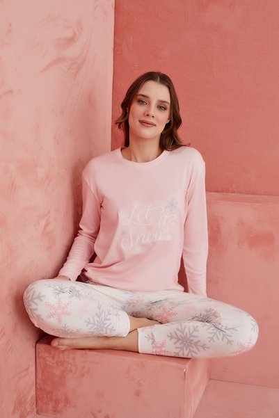 Pink Let It Snow Snowflake Patterned Luxury Thermal Women's Pajamas Set