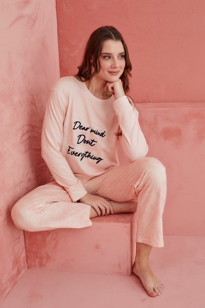 Salmon Dear Mind Don'T Everything Patterned Luxury Thermal Women's Pajama Suit