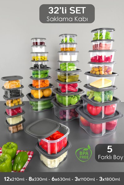 Set of 32 Square Food Storage Containers - Microwave and Freezer Safe Storage Containers Anthracite