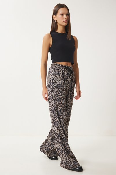 Women's Mink Black Leopard Patterned Glittery Knitted Sweatpants Fn03415