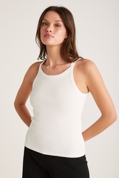 Emily Women's Regular Fit Regular Fit Cotton Thick Strap Hollow Collar Knitted White Tank Top