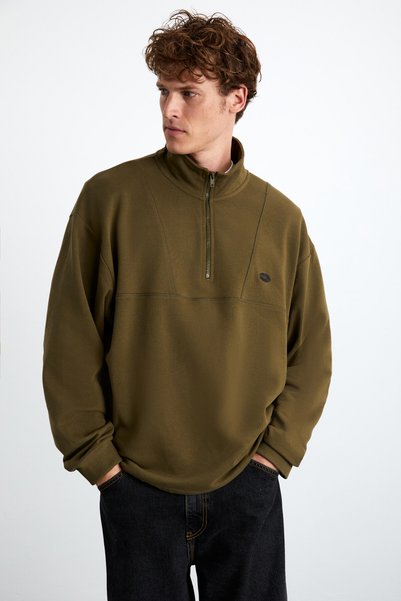 Radiant Men's Organic Cotton Embroidery Detailed Zipper Elastic Zippered Stand Collar Khaki Sweatshirt