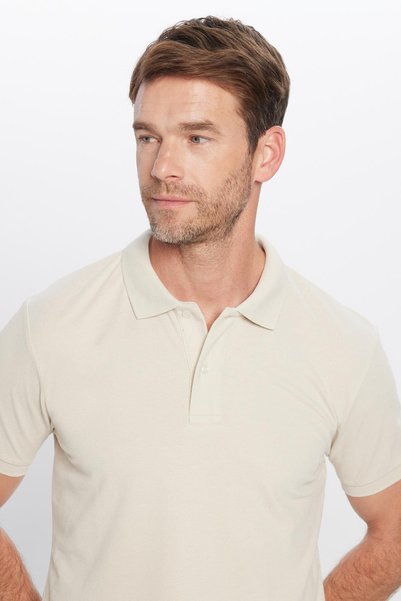Men's Slim Fit Cotton Pique Soft Textured Cool Fabric Off-White Polo Collar T-Shirt
