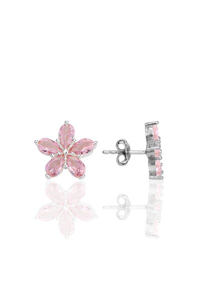 Silver Rhodium Drop Cut Pink Zircon Stone Flower Earrings Sgtl12341Pink